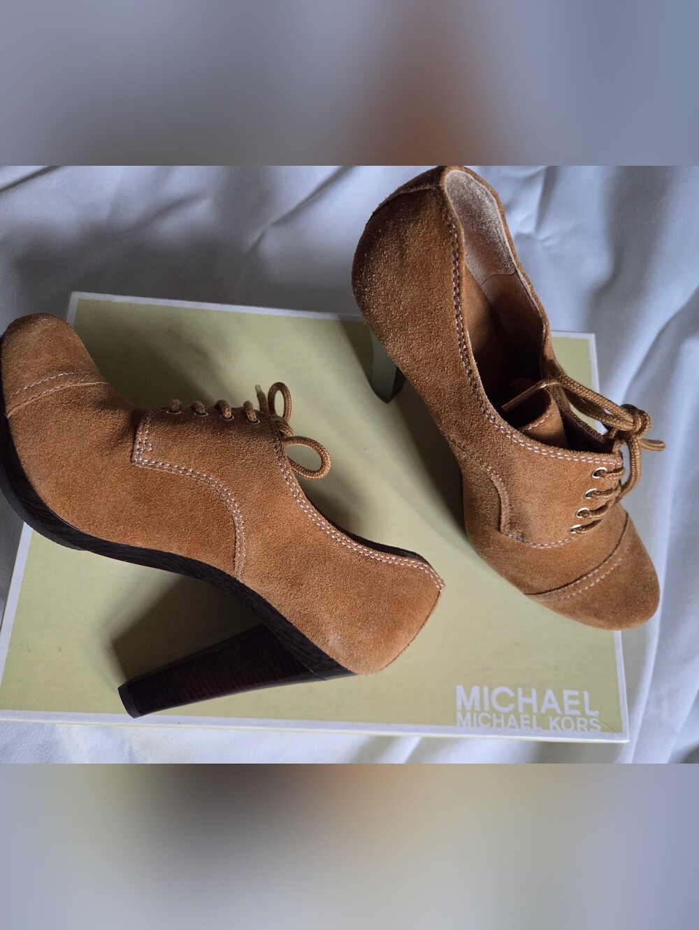 Michael Kors Suede Lace-Up Platform Heel Booties in Camel